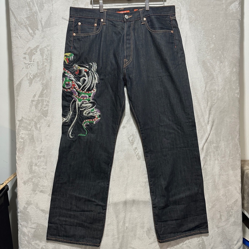Ed Hardy Mens Rhinestones Tiger Snake Jeans Dark Wash Denim 40 Y2K 2007